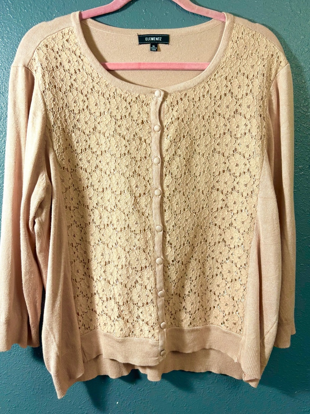 Elementz Lace-Front Button Cardigan in Soft Pink